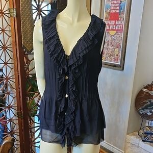 Tory Burch Gorgeous Black Silk Ruffled Button Front Blouse Size 4